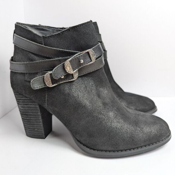 Reba Zania Black Suede Ankle Boots Strappy Buckle Block Heel Booties 10 - Picture 4 of 7